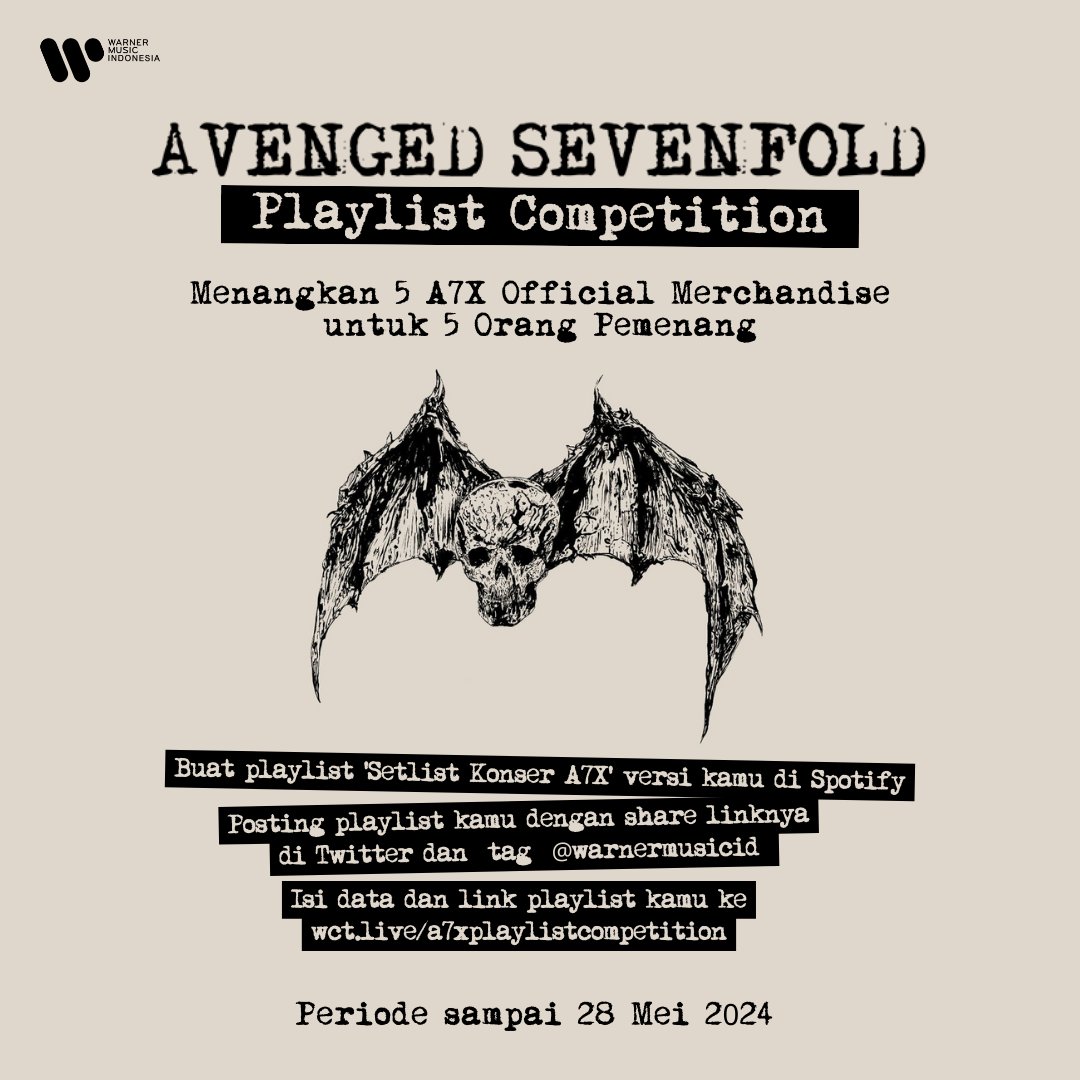 WarnerMusicID's tweet photo. Buat playlist 'Setlist Konser A7X' versi kamu dan menangkan 5 official merchandise-nya untuk 5 orang pemenang. Klik di sini untuk ikutan https://t.co/MimPjhdhPV !! https://t.co/3ya9EhRYLZ