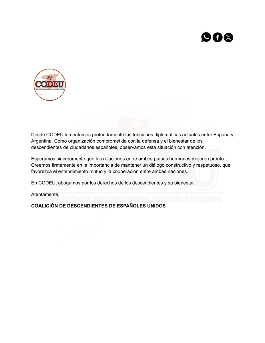 Este es nuestro pronunciamiento acerca de la situación entre Argentina y España. Creemos firmemente que la unión y el diálogo son esenciales para construir un futuro mejor juntos. 🇪🇸🤝🇦🇷
