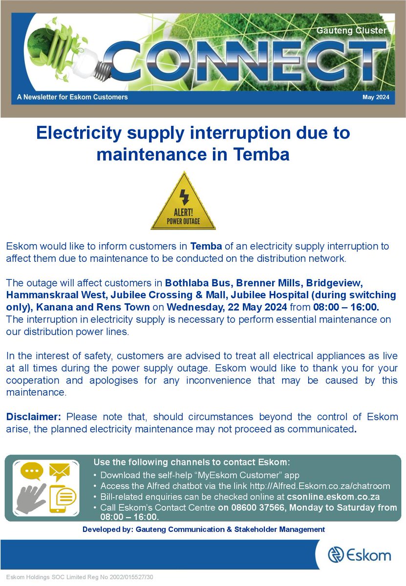 #EskomGauteng #PlannedOutage #Tshwane Electricity supply interruption due to planned maintenance in Temba on Wednesday, 22 May 2024 from 08:00 to 16:00.