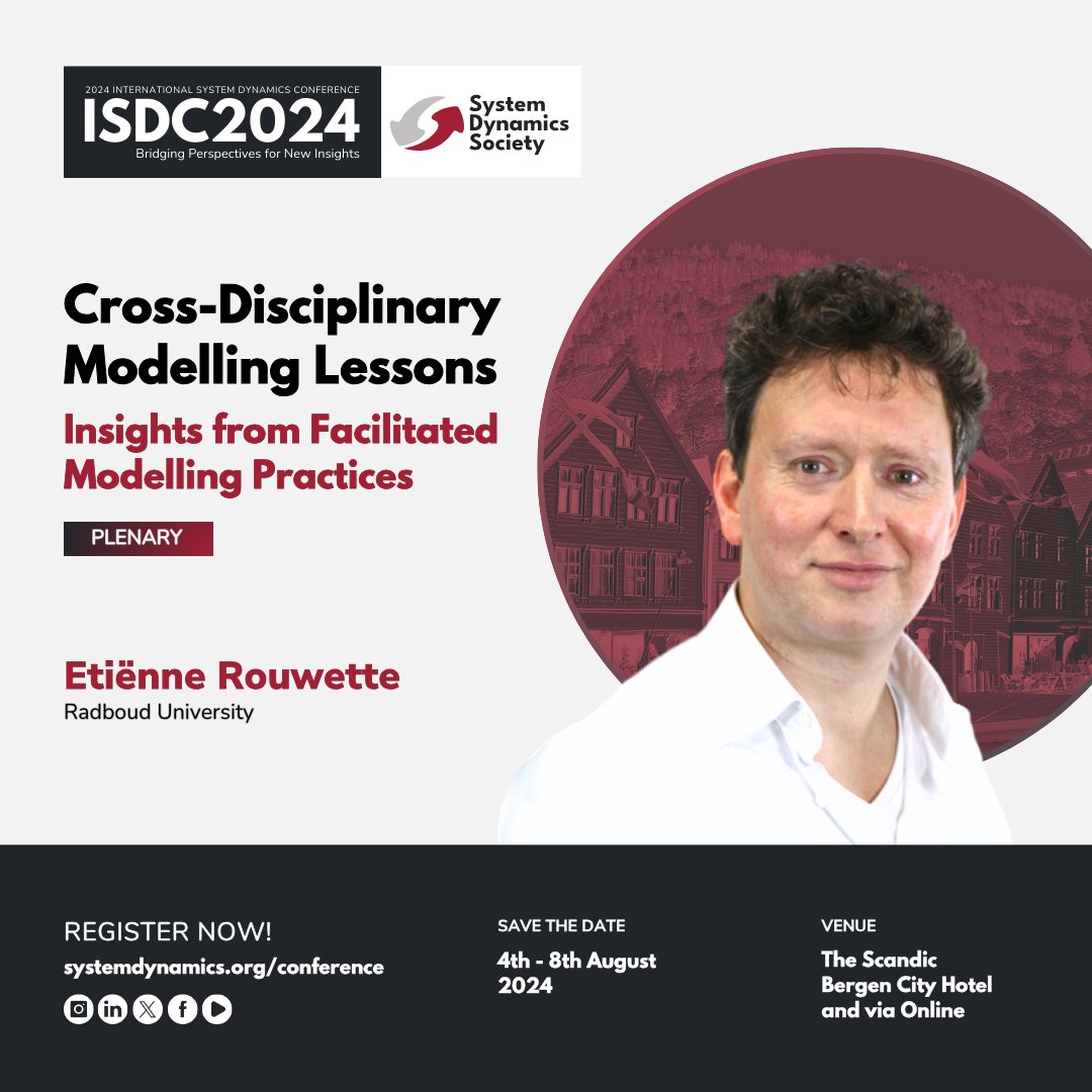 #ISDC2024 Plenary ▶️ Cross-Disciplinary Modelling Lessons: Insights from Facilitated Modelling Practices by Etiënne Rouwette of Radboud University 📅 August 4-8 📍 The Scandic Bergen City Hotel and online 🔗 Register: ow.ly/MvRS50Ry8ja #SystemDynamics #systemsthinking
