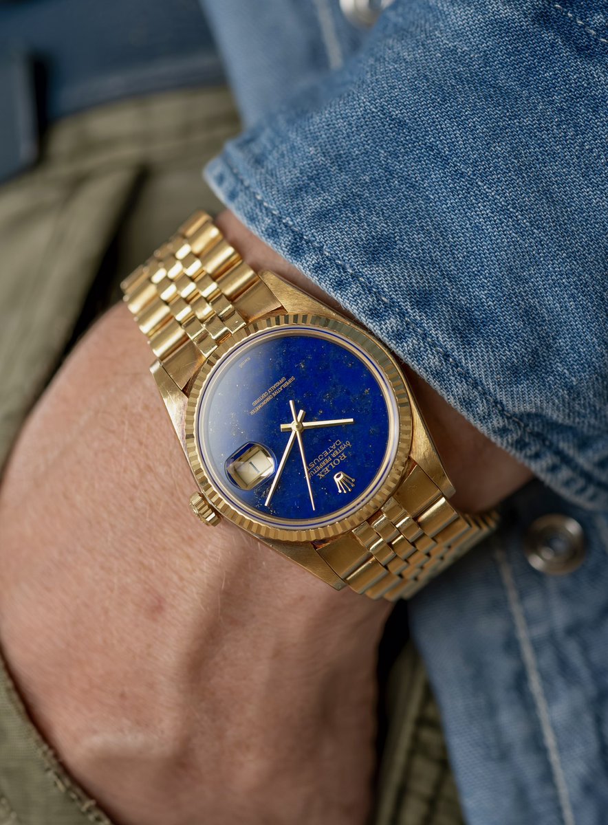 hairspringwatch's tweet photo. Finds. A lapis dial 1601/8 on Jubilee, the only stone dial Rolex with even more real estate than any Day-Date. This gold 1601/8 would’ve cost its owner roughly the same amount as an entry Day-Date in 1979, which is a part of what makes these so special. They are the very essence of what Rolex is made as opulent as possible. https://t.co/Oyl8CUln1O