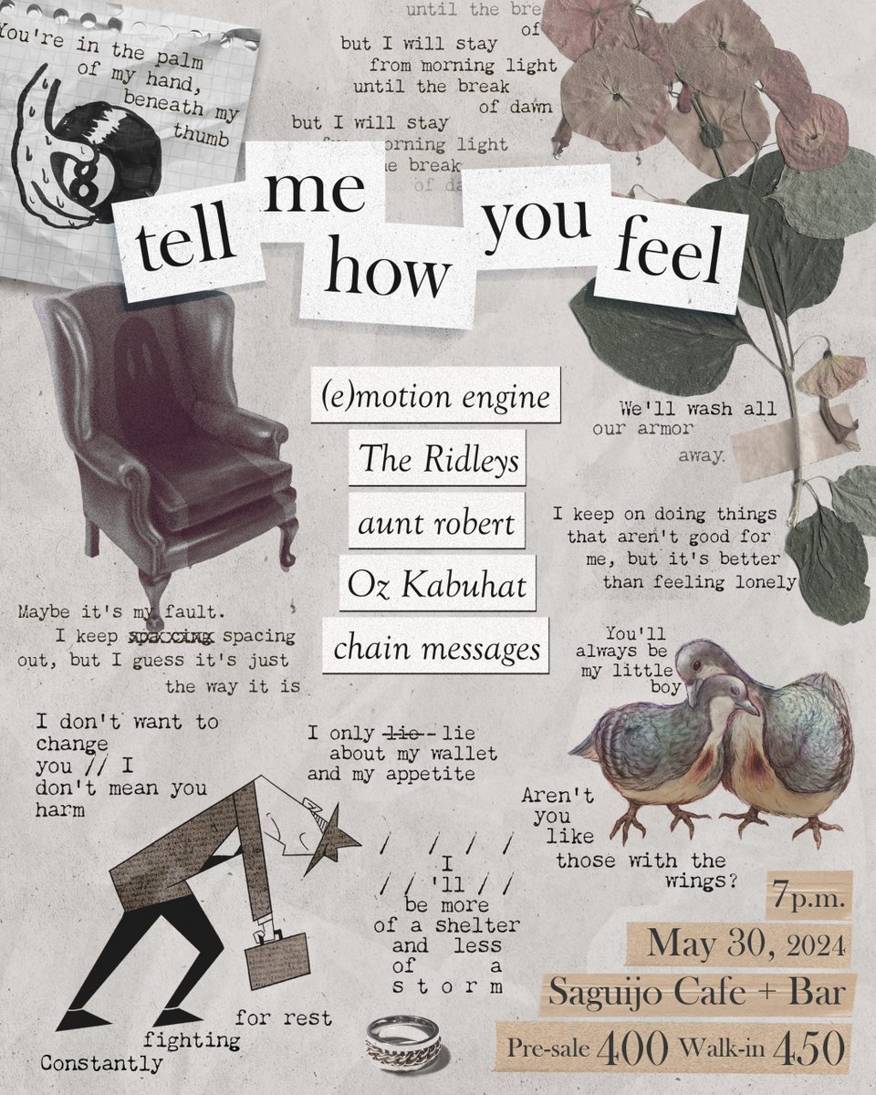 it is with great excitement we bring to you our band's first show. saguijo makati 5/30/24

<a href="/e_motion_engine/">(e)motion engine</a>
@theridleysmusic
<a href="/ozkabuhat/">oz</a> 
<a href="/itwontworkelija/">Chain Messages</a>

presave link here : forms.gle/6ASR1nRApxJDpQ…… come say hi, tell us how you feel