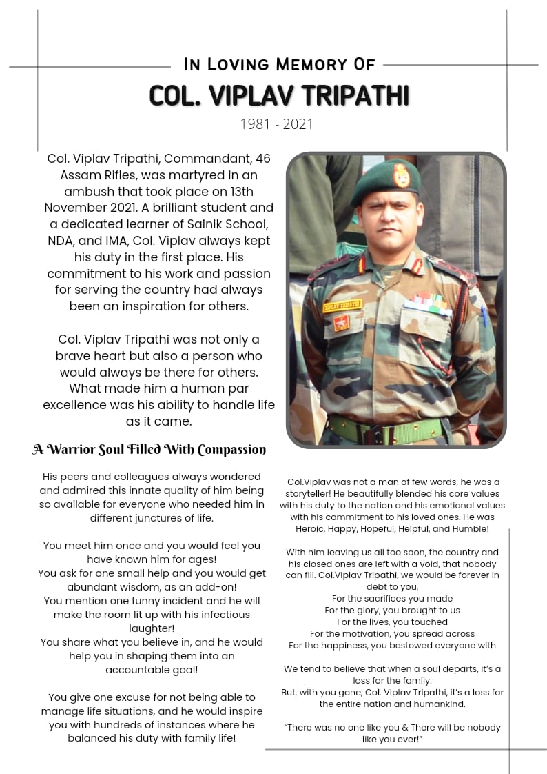 Homage to COLONEL VIPLAV TRIPATHI 46 ASSAM RIFLES - 2 KUMAON #IndianArmy on his birth anniversary today. Colonel Viplav Tripathi was immortalized along with his wife and son at Manipur in 2021. #FreedomisnotFree few pay #CostofWar.