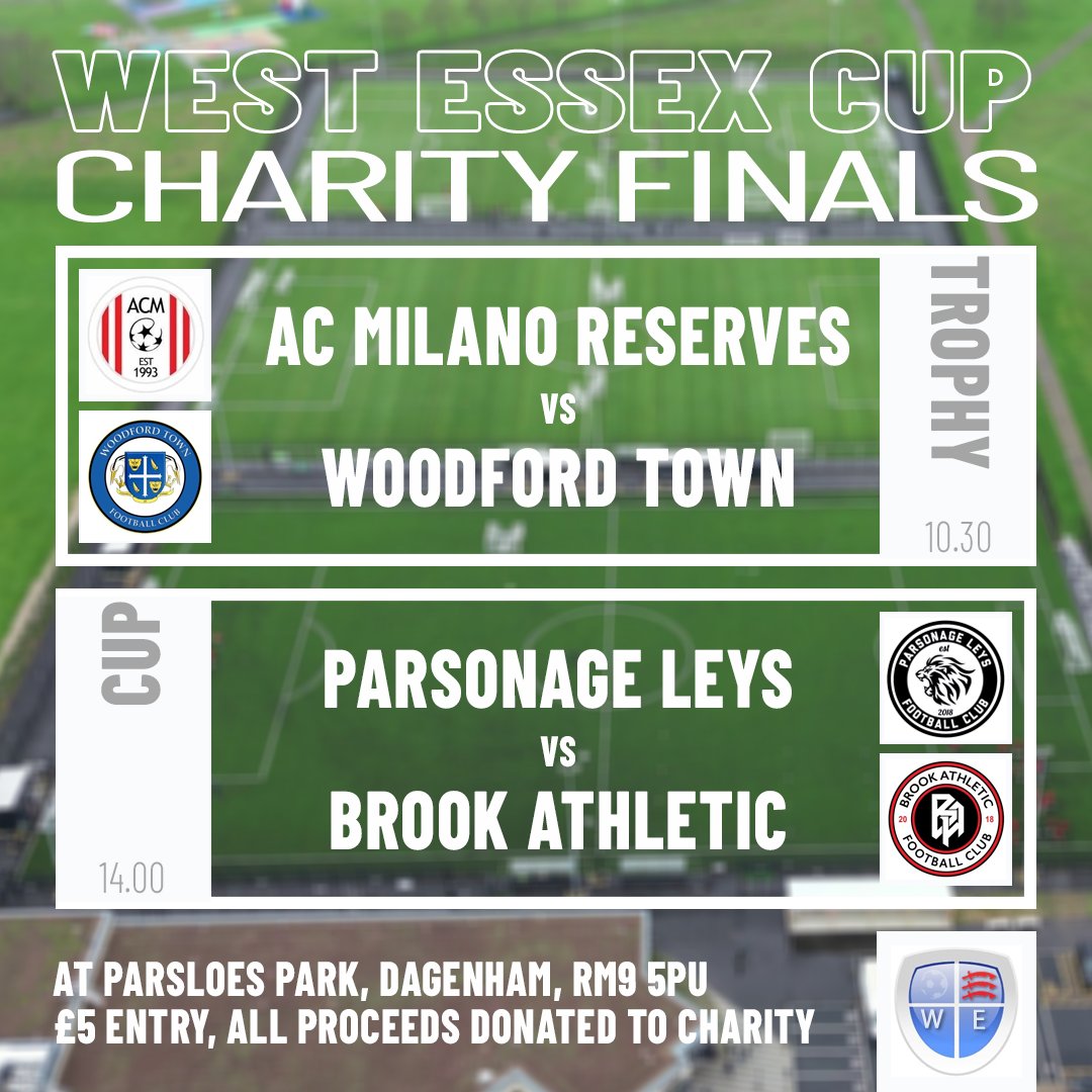 West Essex Sunday Charity Cup (@westessexcup) on Twitter photo πΎππΌππππ ππππΌππ πΏπΌπ
Looking forward to finals day this Sunday at the brand new Parsloes Park Hub π
10.30 - <a href="/ACMilano_FC/">AC Milano</a> Res ποΈ <a href="/woodfordtownsun/">Woodford Town Sundays 1st</a>
14.00 - <a href="/ParsonageLeys/">Parsonage Leys F.C.</a> ποΈ <a href="/brookathleticfc/">Brook Athletic FC</a>
Β£5 entry with all proceeds donated to #charity chosen by clubs π€ πΎππΌππππ ππππΌππ πΏπΌπ
Looking forward to finals day this Sunday at the brand new Parsloes Park Hub π
10.30 - <a href="/ACMilano_FC/">AC Milano</a> Res ποΈ <a href="/woodfordtownsun/">Woodford Town Sundays 1st</a>
14.00 - <a href="/ParsonageLeys/">Parsonage Leys F.C.</a> ποΈ <a href="/brookathleticfc/">Brook Athletic FC</a>
Β£5 entry with all proceeds donated to #charity chosen by clubs π€