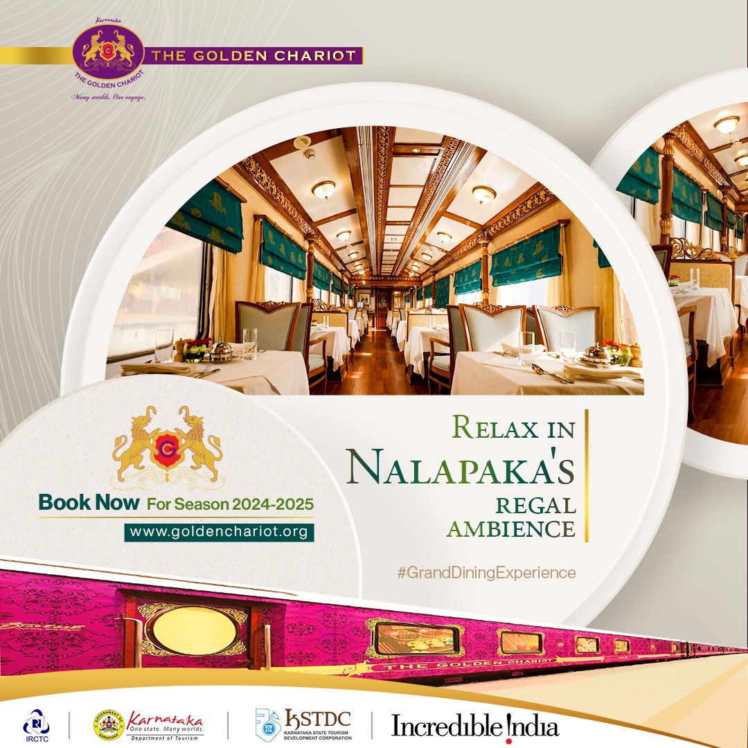 Prepare for a #GrandDiningExperience surrounded by Nalapaka's regal ambience.

Click goldenchariot.org for an unforgettable journey aboard the #GoldenChariot.

#LuxuryDining #TravelInStyle #RoyalAmbience #LuxuryTrainTravel #ExploreIndia #IndiaTourism #IncredibleIndia