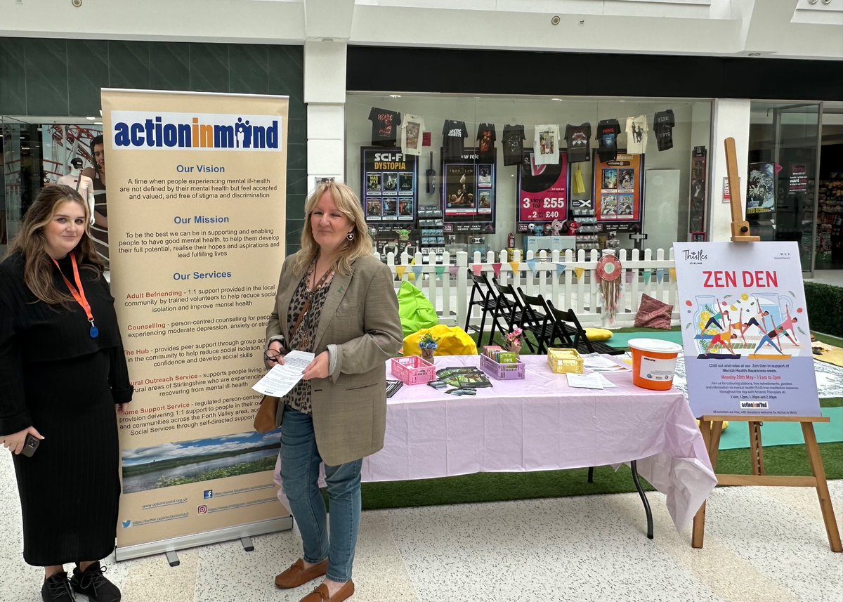 ActioninMind's tweet photo. Come along &amp; meet some of the team at @Thistles_SC 
Zen Den- on today until 3pm.

Mental Health Awareness 💚

#actioninmind #mentalhealthawareness https://t.co/8x0YaMZXaG