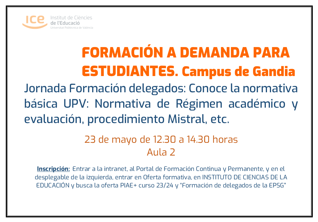 AnaAbalosUPV's tweet photo. 🔴🔴🔴📢A todos estudiantes @UPVCampusGandia :  Jornada 𝗙𝗼𝗿𝗺𝗮𝗰𝗶𝗼𝗻 𝗱𝗲 𝗱𝗲𝗹𝗲𝗴𝗮𝗱𝗼𝘀 @DAEPSG para conocer la normativa básica @UPV https://t.co/hc1NXASOCf