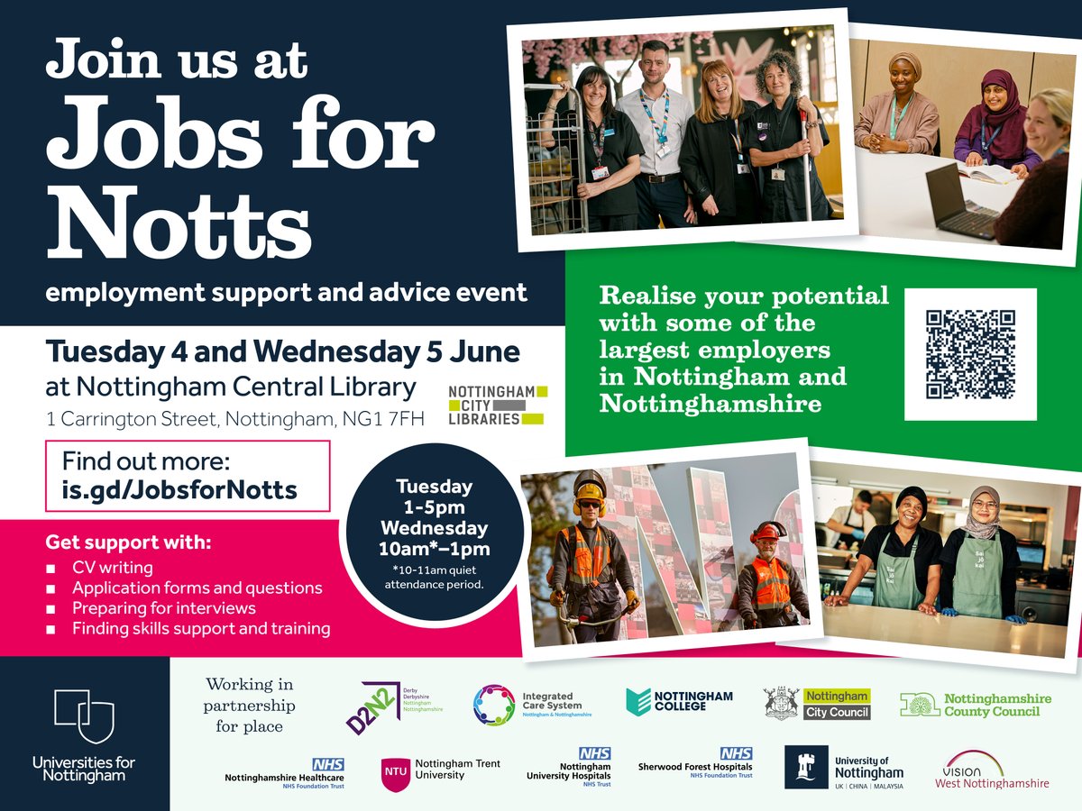 Looking for work? Don't miss this event from #UnisForNottingham at Central Library with advice and support on applying to employers from the NHS, further and higher education and local government. 📅 4/5 June, Nottingham Central Library is.gd/JobsforNotts