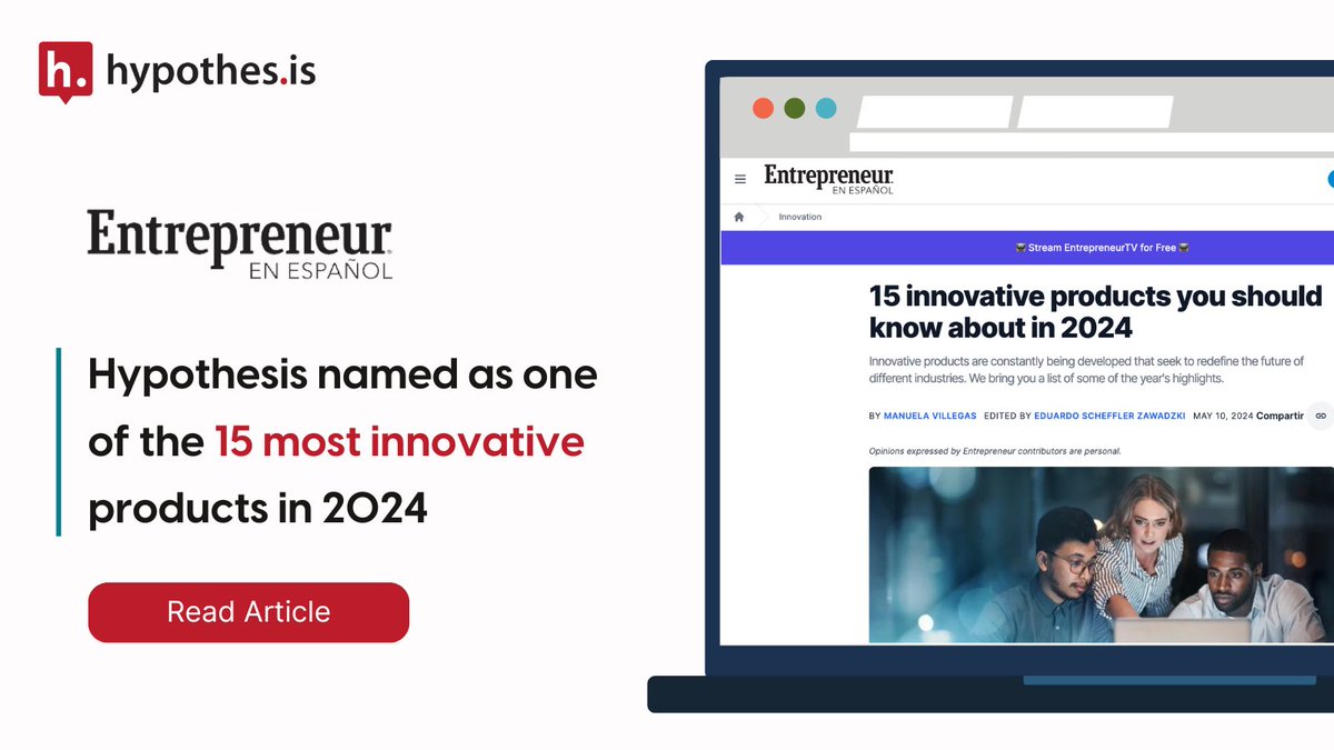 Hypothesis has been named as one of the 15 most innovative products in 2024 in Entrepreneur Magazine's '15 Innovative Products You Need to Know in 2024'! Discover how we're revolutionizing online learning with collaborative annotations.
hubs.li/Q02xCw_50
#SocialAnnotation