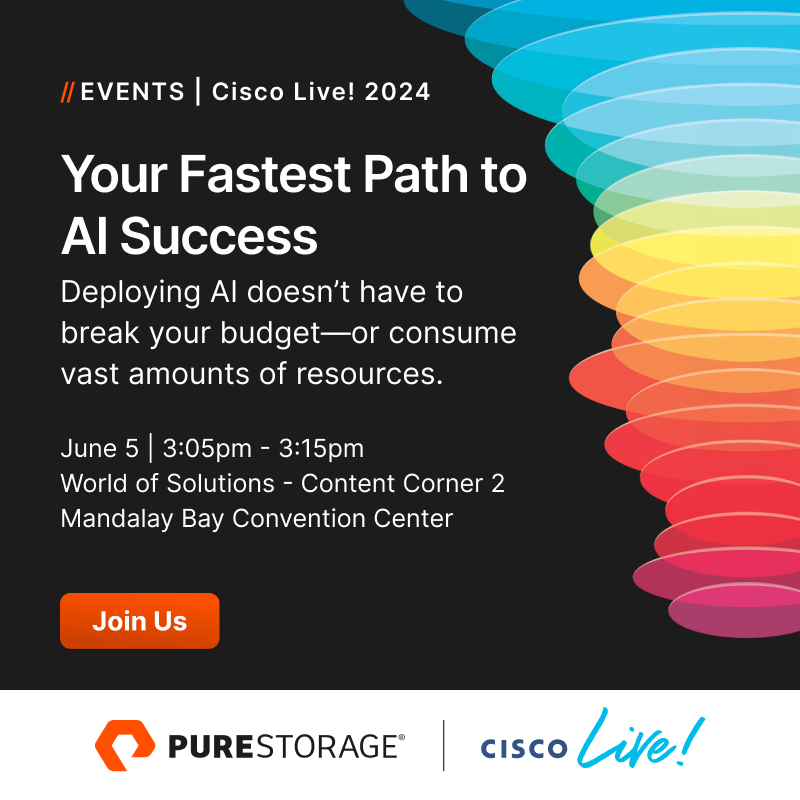 Learn how #FlashStack for #AI solution offers rapid, risk-free deployment that integrates seamlessly with your current environment. Help your business grow without having to break the bank. See #PureStorage at @Cisco Live! 2024 at booth 4938: purefla.sh/4dXxlWG

#CiscoLive24
