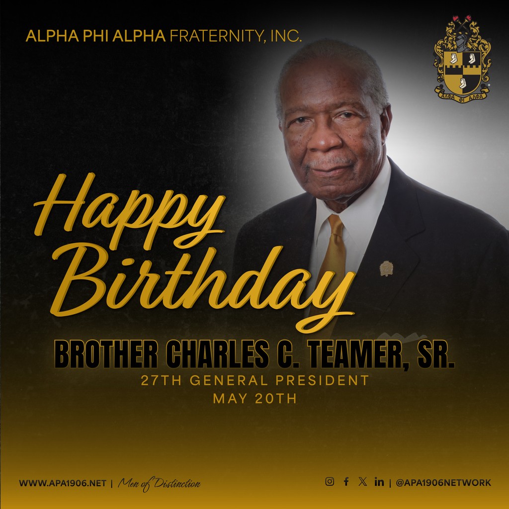 apa1906NETwork's tweet photo. Alpha Phi Alpha Fraternity, Inc. wishes a Happy  Birthday to our 27th General President Brother Charles C. Teamer.

Please share.

#APA1906Network #MenOfDistinction #HappyBirthday https://t.co/N0iiNpMGBM