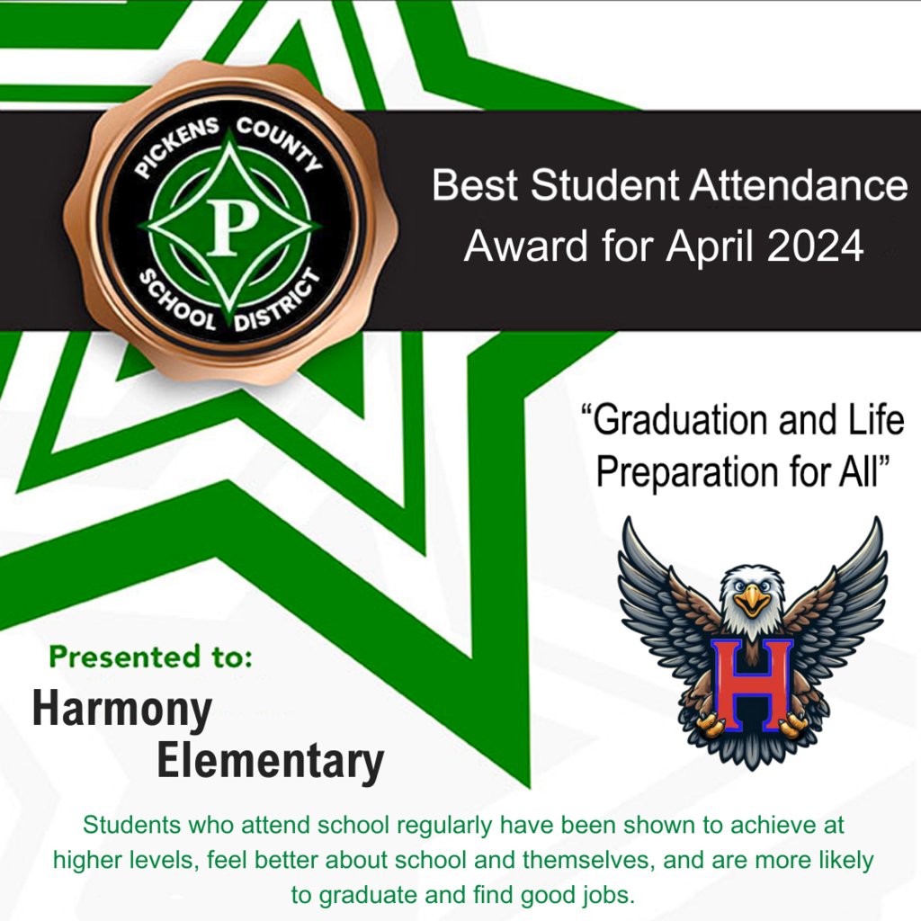 We all know that our school attendance is a powerful predictor of student outcomes. That is why PCSD wants to congratulate Harmony Elementary for having the Best Student Attendance for the month of April.