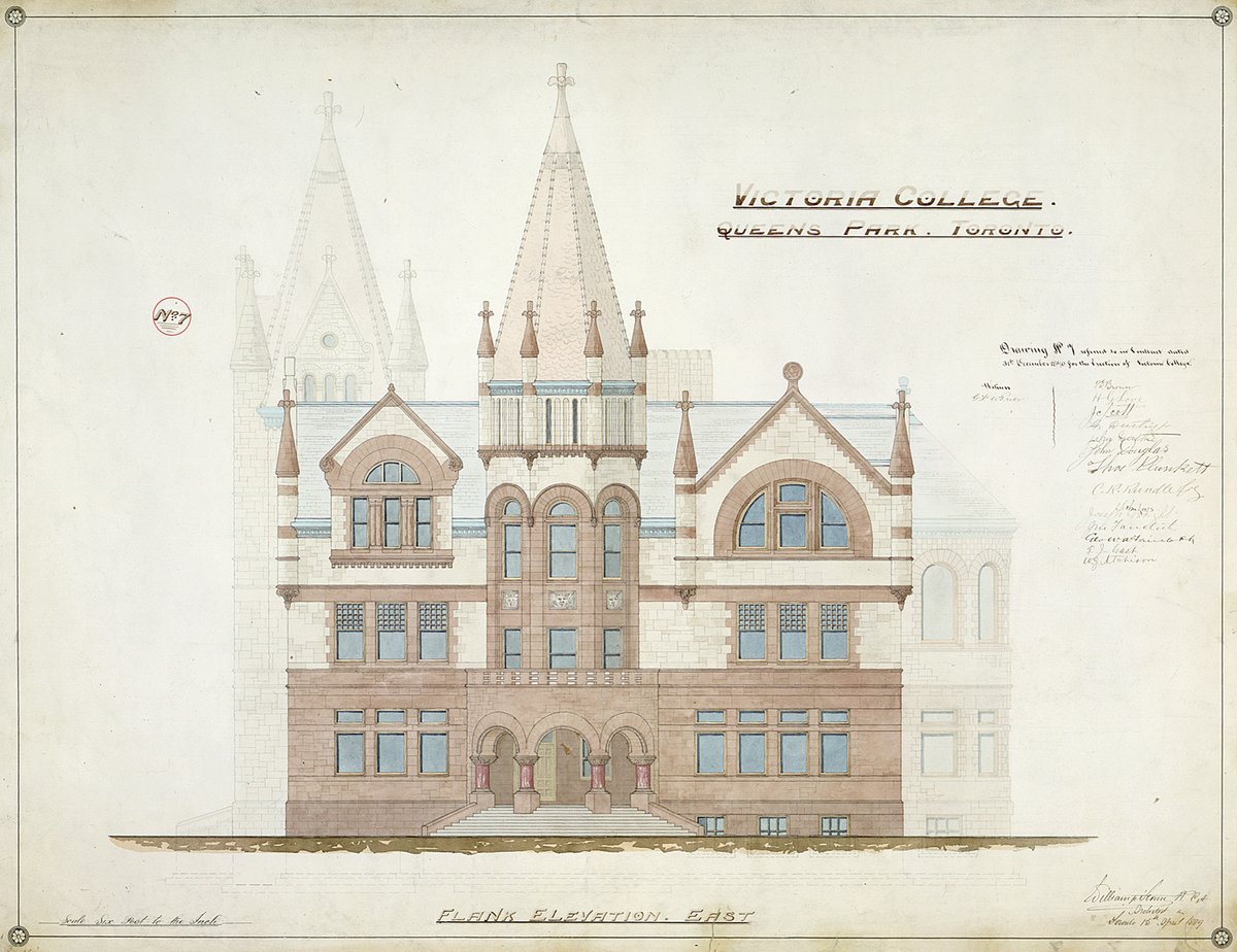 We're closed for #VictoriaDay today, but you can delve into the details of William G. Storm's design for @VicCollege_UofT, named after Queen Victoria. Built in 1891, its rounded arches and textured masonry make it a great example of 'Romanesque Revival' architecture in Ontario.