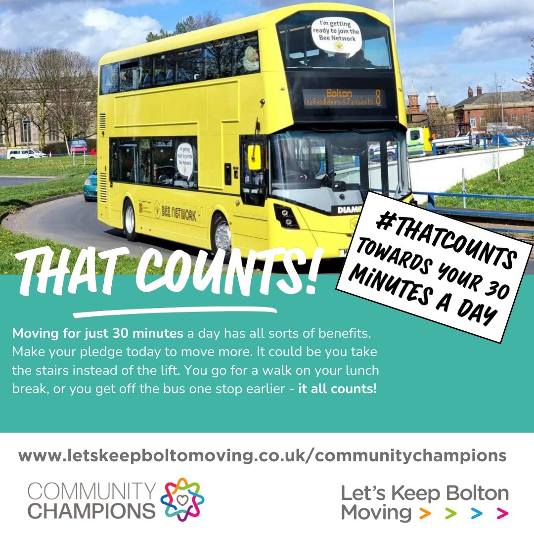 BoltonChampions's tweet image. 🚶Small steps add up! Did you know getting off the bus a stop earlier counts towards your 30 minutes of exercise a day? 🚌

Let's make healthier choices together #ThatCounts 💪

letskeepboltonmoving.co.uk

#BoltonChampions