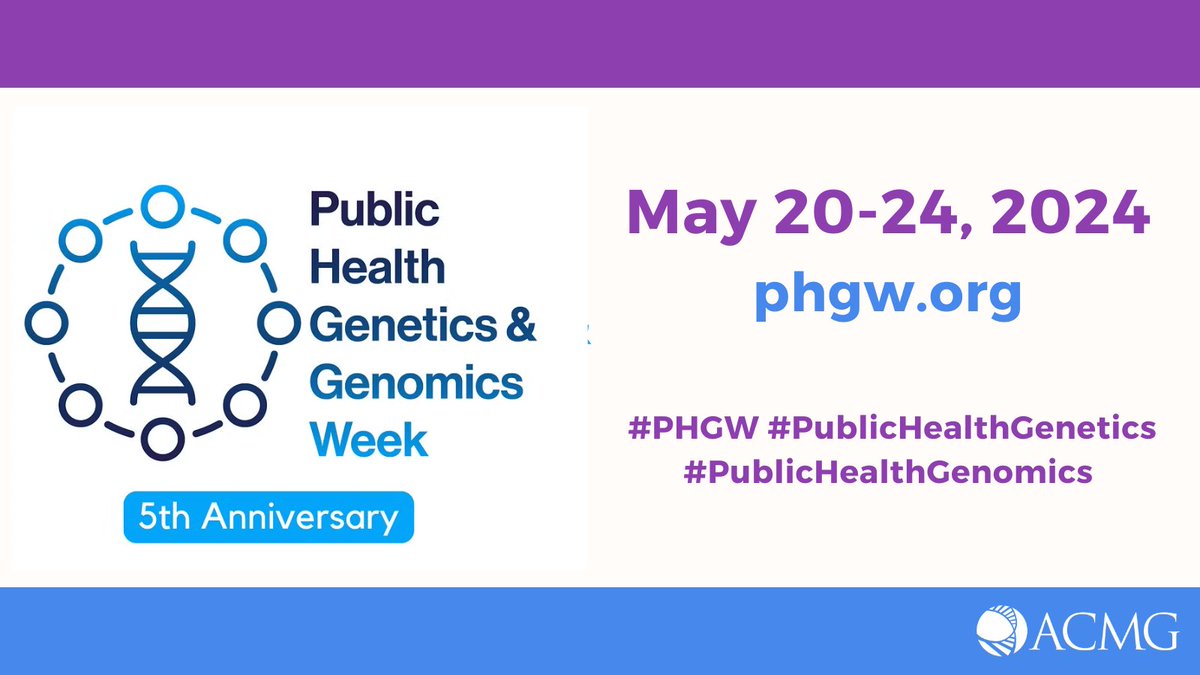 Today is the 1st day of #PublicHealthGenetics & Genomics Week! ACMG joins @NCCRCG in celebrating #PHGW, May 20-24. Access the toolkit (graphics, flyers & more) & learn about daily themes & activities: phgw.org. #Genetics #PublicHealth #IamaPublicHealthGeneticist