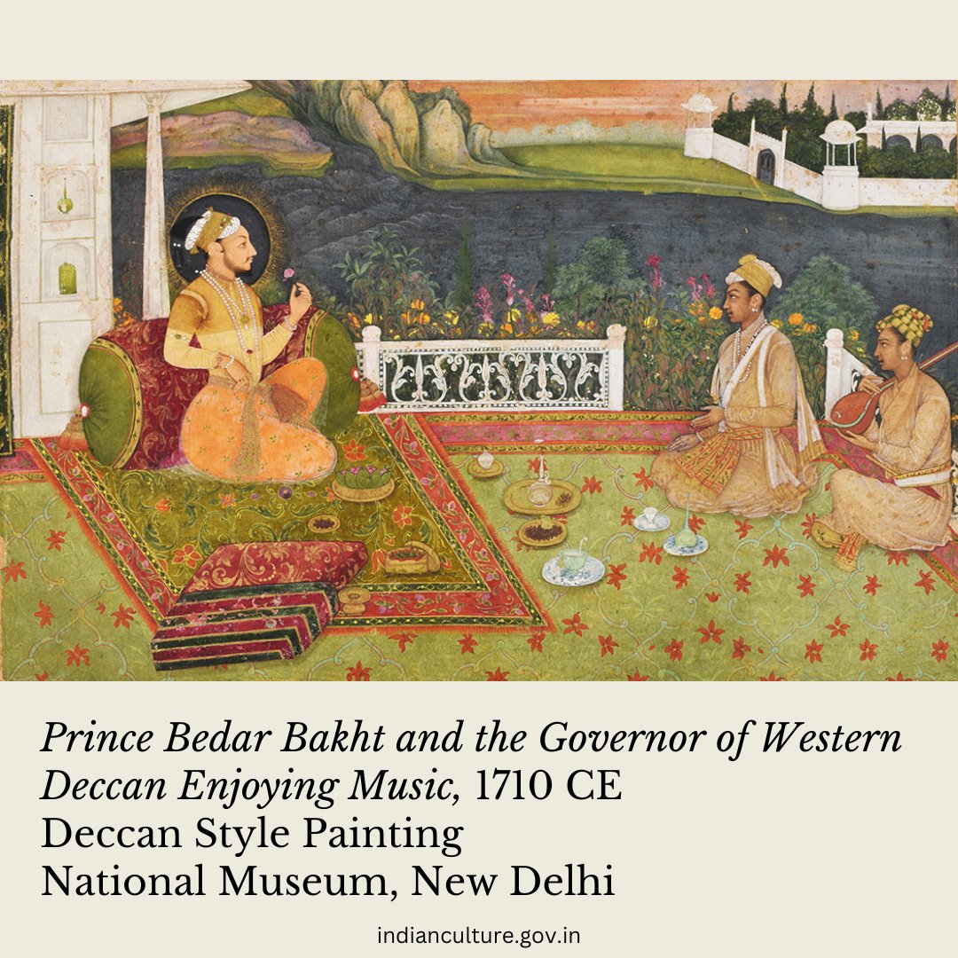 The painting portrays Bedar Bakht listening to a sitar which is interesting because his grandfather, Aurangzeb had banned music. 

Read more at shorturl.at/TGQ7q 

#miniaturepainting #indianpainting #indianart #illustratedmanuscripts #painting #classical #museumpaintings