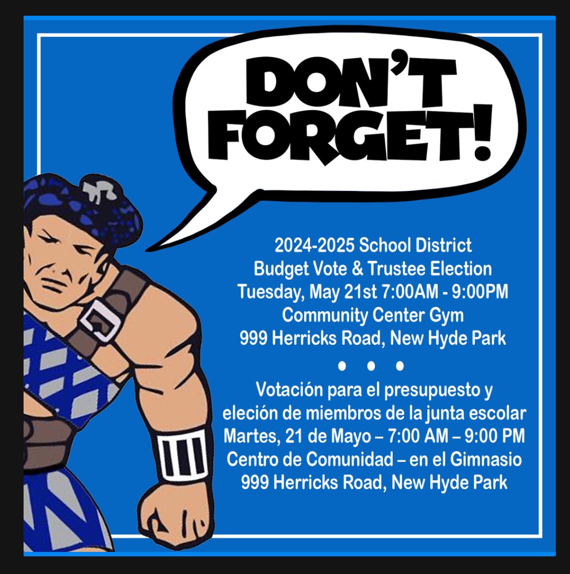 Tomorrow (5/21) is Budget Vote & Board Trustee Election Day in @HerricksSchools! Don’t forget to exercise your right to vote between 7am - 9pm at the Community Center Gym! #WeAreHerricks