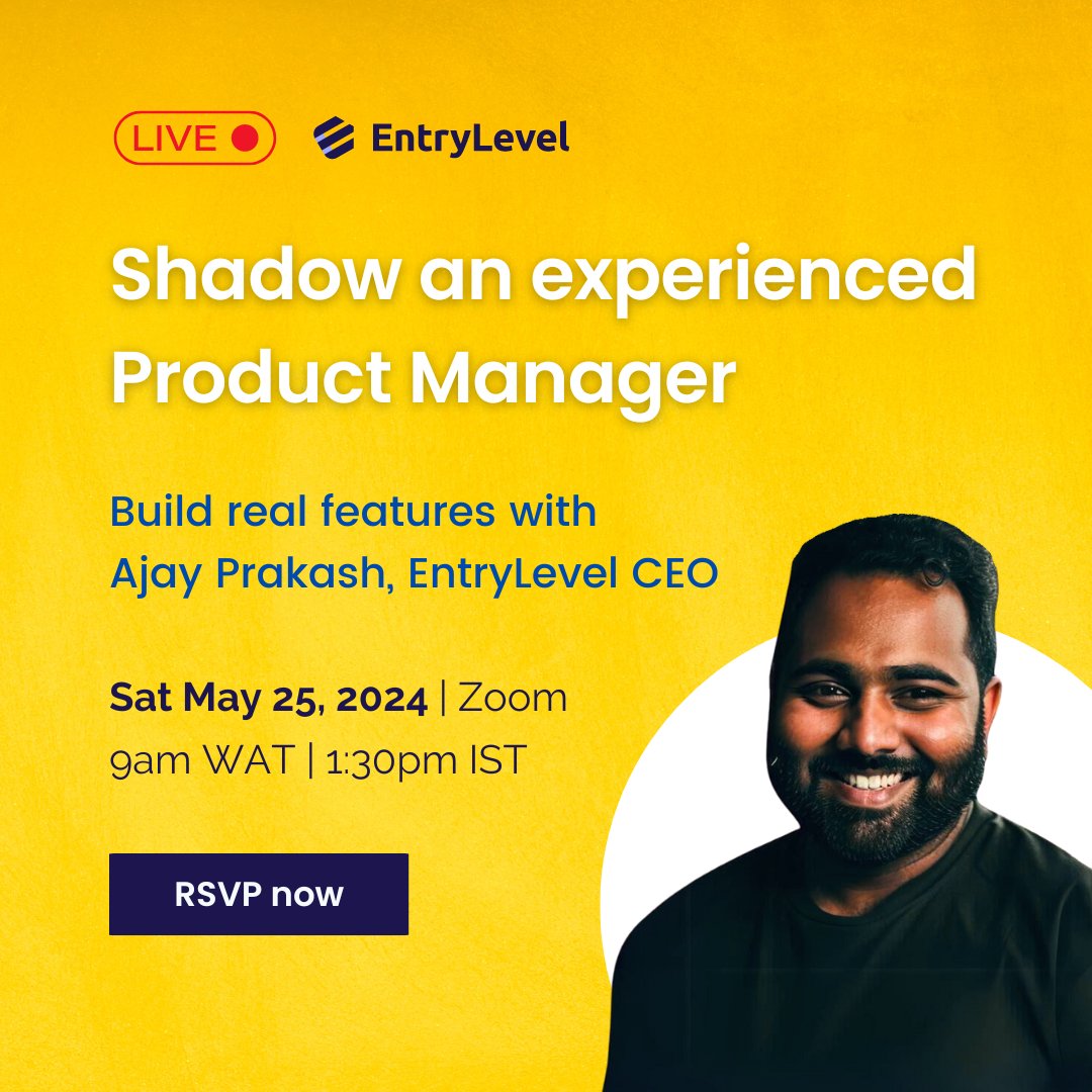 EntryLevelNet's tweet image. Join Ajay Prakash, EntryLevel's CEO, as he demonstrates a day in the life of a Product Manager with over 10 years of experience.
This is your chance to observe a seasoned pro in action and interact with peers while you learn! 💡
RSVP now: lu.ma/x3xld8n4