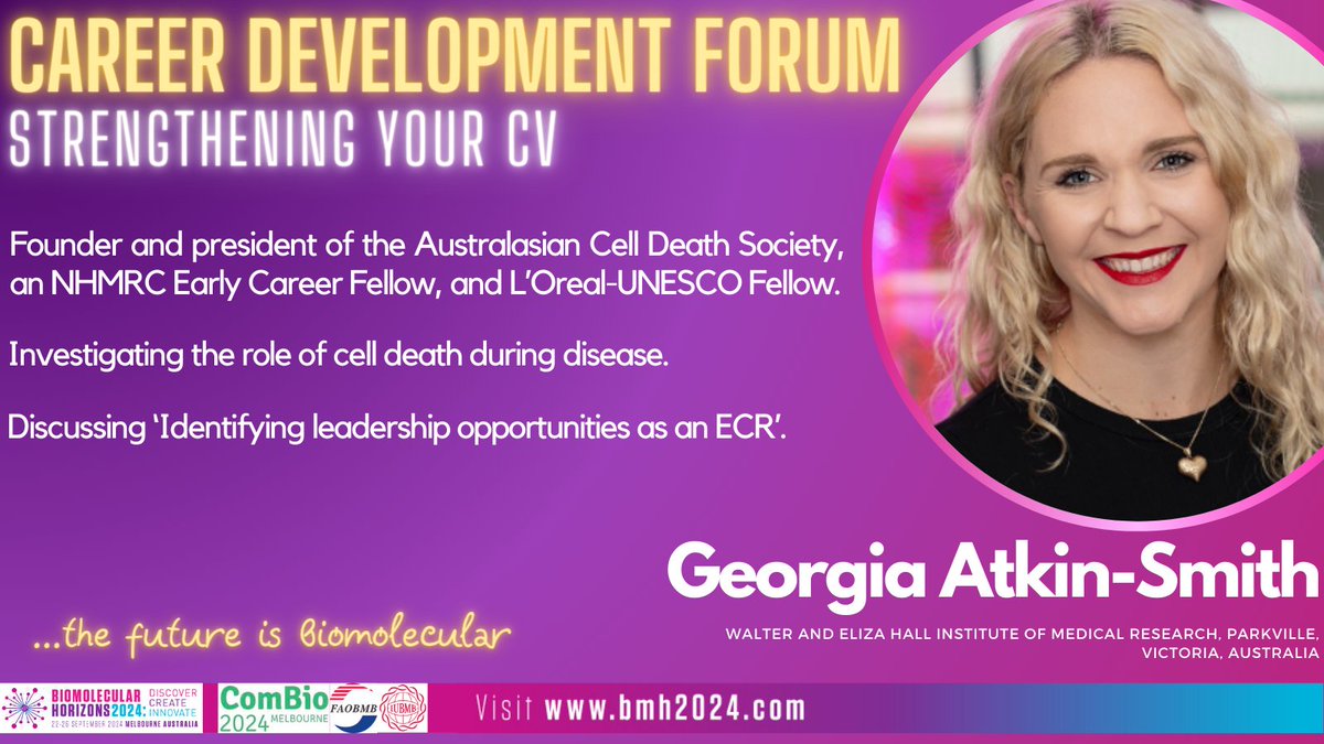 #bmh2024 Career Development Forum features speaker Georgia Atkin-Smith (@SomeBlondeSci), Founder and president of the Australasian Cell Death Society, in the Strengthening Your Curriculum Vitae session. Join us in Melbourne, 22-26 Sep 2024. bmh2024.com/pre-congress-w…