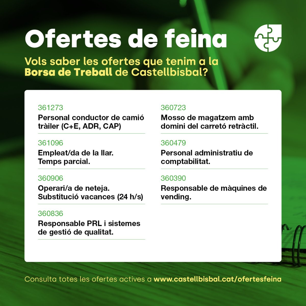 Ajcastellbisbal's tweet photo. #INTERÈS ⚙️💼 Com cada dilluns, us compartim un recull d'algunes de les ofertes que hi ha actives a la Borsa de Treball de l'Ajuntament.
🌐 Consulteu tots els detalls a https://t.co/9Bdbf8gzAU.
#Castellbisbal #OfertesFeina #OcupacióCB
@CBOcupacio https://t.co/WWjju25KSf