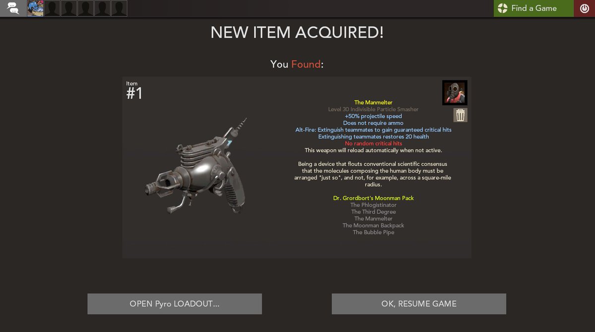 CantSniff's tweet photo. Just acquired a #Manmelter in @TeamFortress made by @valvesoftware. This #Manmelter was from the Australian Christmas 2011 Update, however it is still acquirable.
Here is my first look at the #Manmelter https://t.co/wTTJ2RIStC