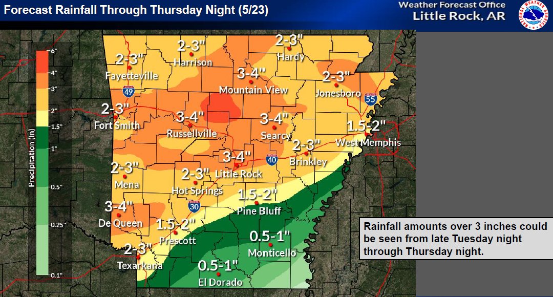 Advisory: The Nat'l Weather Service says severe thunderstorms are possible in Arkansas Tue-Thu.  Use caution if traveling. Details/updates at weather.gov/lzk.  #artraffic #cnatraffic #nwatraffic #neatraffic #swatraffic #seatraffic