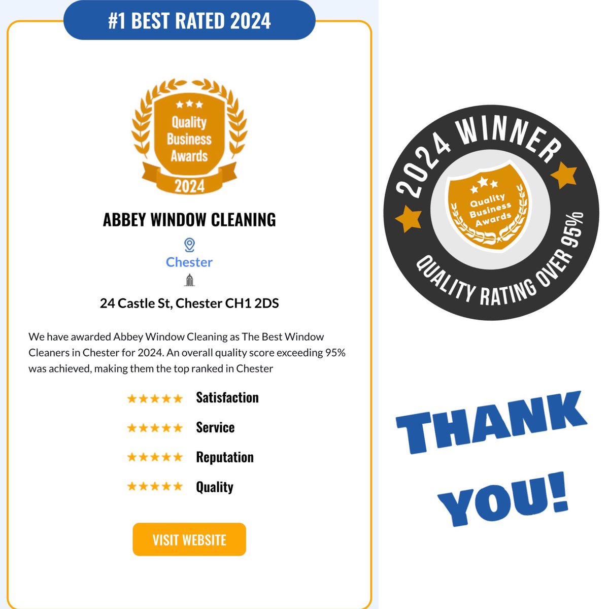 AWCChester's tweet photo. We’re proud to announce we have been awarded the #1 Best Rated Window Cleaning company in Chester again, for 2024! 🏆

Thank you as always to our team for their hard work, our loyal customers and to Quality Business Awards for the recognition! 

#chester #windowcleaning https://t.co/MoWfcWM6cW