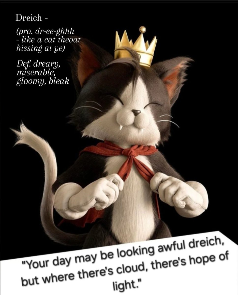 Fortunes and phrases with Cait Sith Scottish style #1 🏴󠁧󠁢󠁳󠁣󠁴󠁿🐈‍⬛️📣

Dreich - 
Def.  dreary, miserable, gloomy, bleak (or really old Scots, enduring) 

Usually used to describe grey, cold, wet Scottish weather. 

#caitsith #ff7  #ffviirebirth
#scottish #scotslanguage