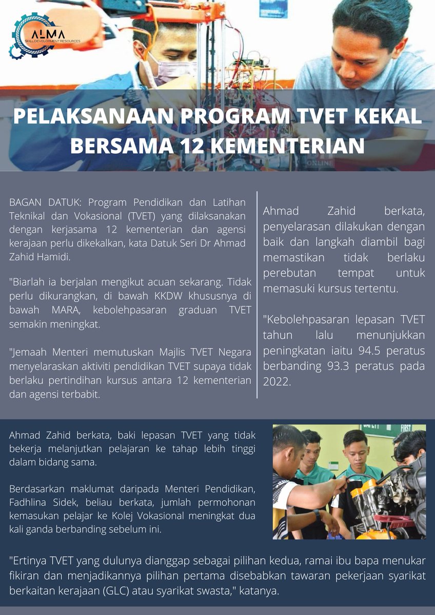 AlmaSkill's tweet photo. PELAKSANAAN PROGRAM TVET KEKAL BERSAMA 12 KEMENTERIAN
#Tvet 
#AlmaSkill https://t.co/vhd5uqRkXQ