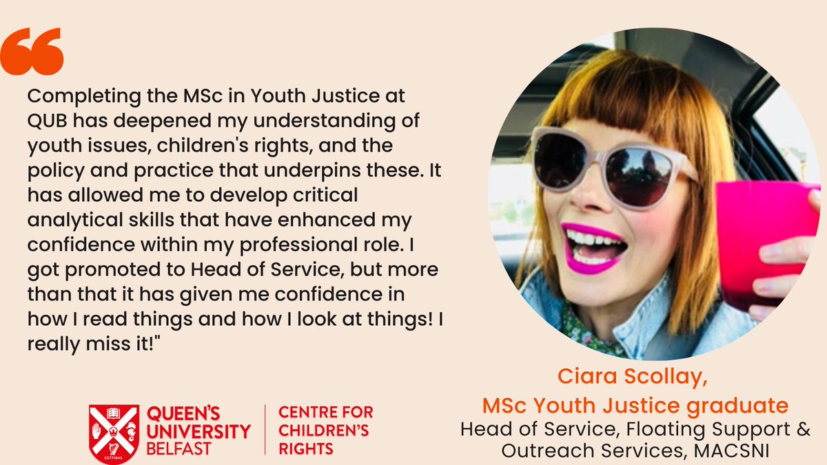 Children'sRightsQUB (@childrightsqub) on Twitter photo Recent MSc #YouthJustice graduate <a href="/ciarascollay/">Ciara Scollay</a> shares her experience of being on the programme. Recent MSc #YouthJustice graduate <a href="/ciarascollay/">Ciara Scollay</a> shares her experience of being on the programme.