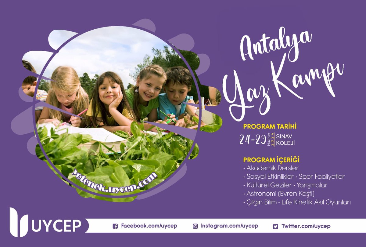 UYCEP YAZ KAMPI🎉 
Derslerimiz 24-29 Haziran 2024 tarihlerinde Antalya Sınav Koleji’nde yüz yüze yapılacaktır. 
Detaylı Bilgi Ve Başvuru İçin; yetenek.uycep.com/uycep-yaz-kampi 
#uycep #uycepkamp #uycepliyiz #üstünzeka #üstünyetenek #hibriteğitim #yazkampı