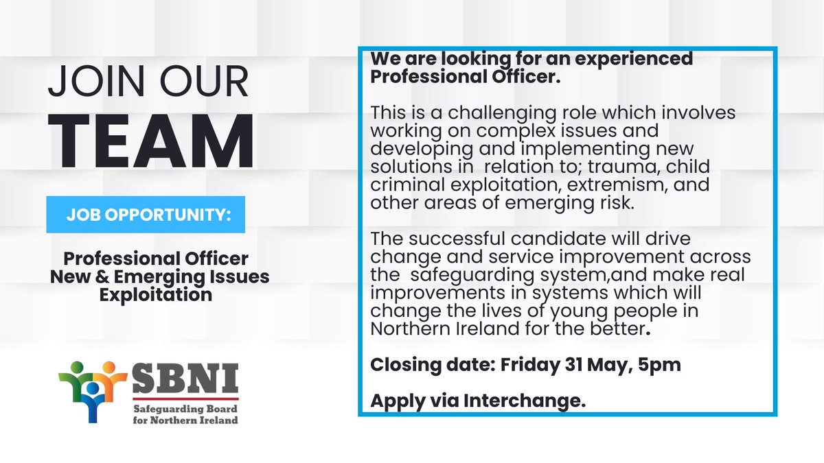 Want to make a difference in the lives of children and young people? Working across all aspects of child exploitation. Take a look at our Professional Officer job opportunity⬇️ interchangeni.org.uk/opportunities/…