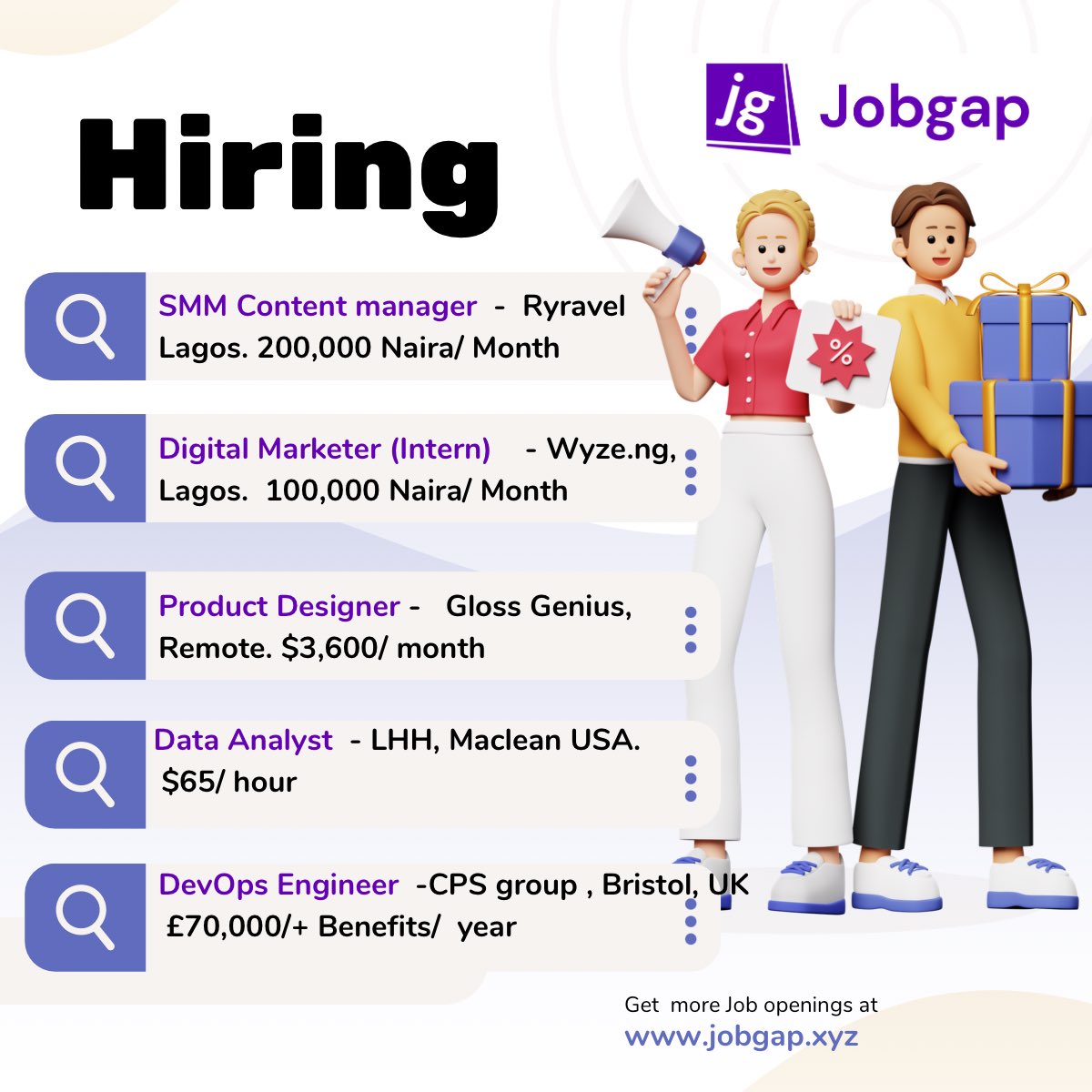 Jobgap_xyz's tweet image. Top Hiring for the Week. 

Visit Jobgap.xyz to apply. 

#hiring #recruiting #jobgap