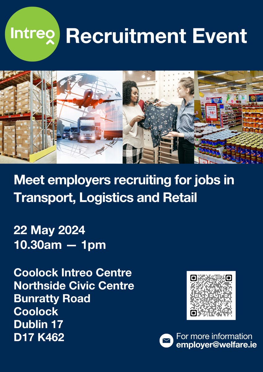 🙌Interested in a career in transport, logistics and retail? Come to the the Intreo Recruitment event on Wednesday! 
✔️You'll meet employers who are currently recruiting these sectors &amp; you can chat to City of Dublin ETB about courses that might interest you. Details below ℹ️ ⬇️