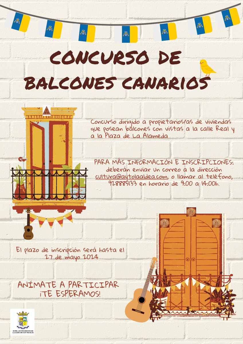 La Aldea de San Nicolás convoca el concurso de decoración de balcones con motivo del Día de Canarias laaldeasanicolas.es/la-aldea-de-sa…