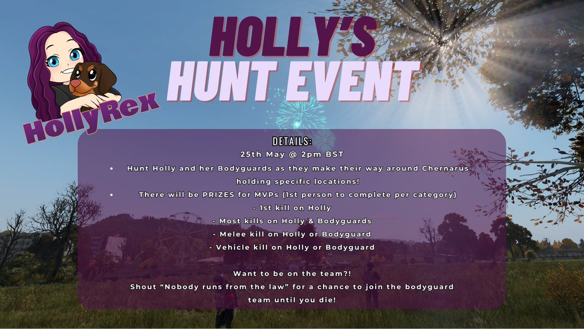 HollyRexTwitch's tweet image. This Saturday! Celebrating My Twitch Partner Anniversary &amp;amp; My Birthday!

Come and streamsnipe me and my Bodyguards for a chance to win Prizes! (DayZ Hoodie, Steam giftcards etc) 
 
Bodyguards - Slexify, BenFruit, Ceremor, SourSweet and YOU? (Shout the phrase for a chance to BG)