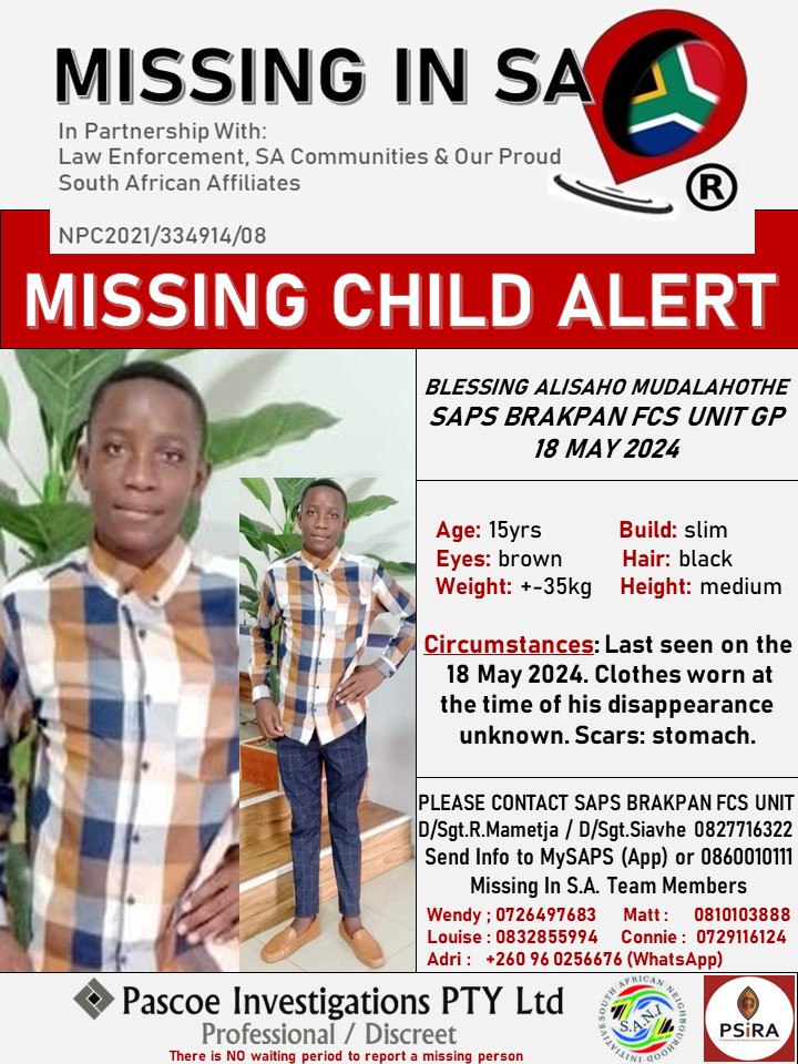 MissingsInSA's tweet photo. #helpbringblessinghome
#missinginsa
#pascoeinvestigationsptyltd

MISSING CHILD ALERT: Blessing Alisaho Mudalahothe 15Yrs 18 May 2024. SAPS BRAKPAN FCS UNIT / SAPS BOKSBURG NORTH GP. https://t.co/ESTewoGfLU