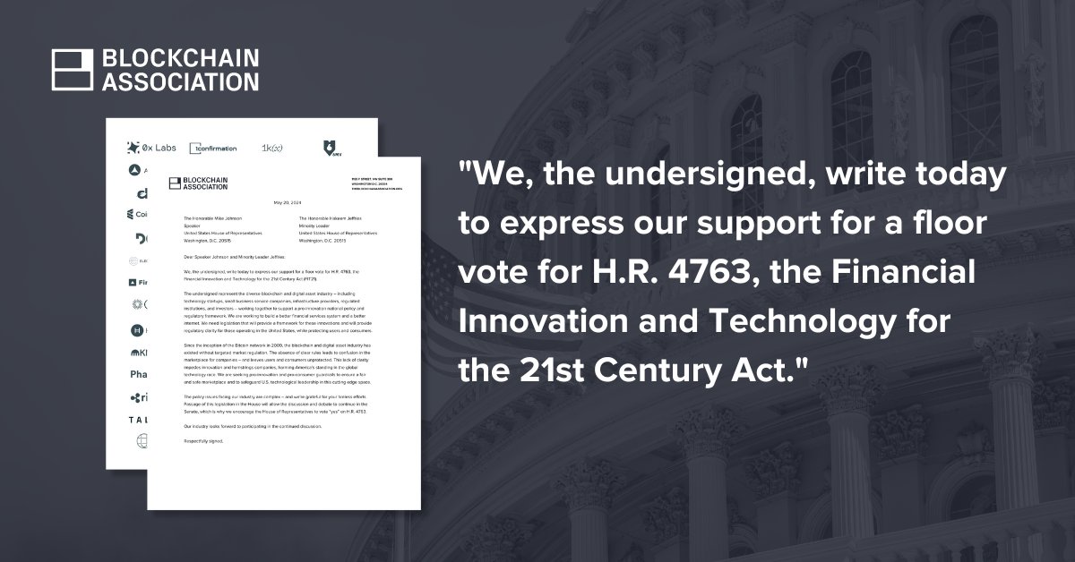 1/ Today, @BlockchainAssn members sent a letter to @SpeakerJohnson and @RepJeffries in support of a floor vote for the Financial Innovation and Technology for the 21st Century Act (#FIT21). theblockchainassociation.org/wp-content/upl…