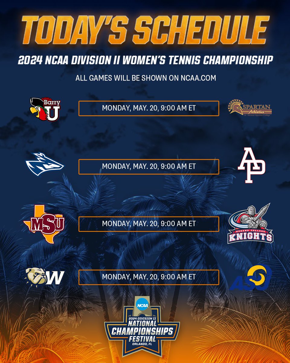 Women’s Tennis First Round matches get underway beginning with four matches at 9 AM ET! Check out the full Bracket and stay updated about #D2WTEN! on.ncaa.com/D2WTENsp | #D2Festival