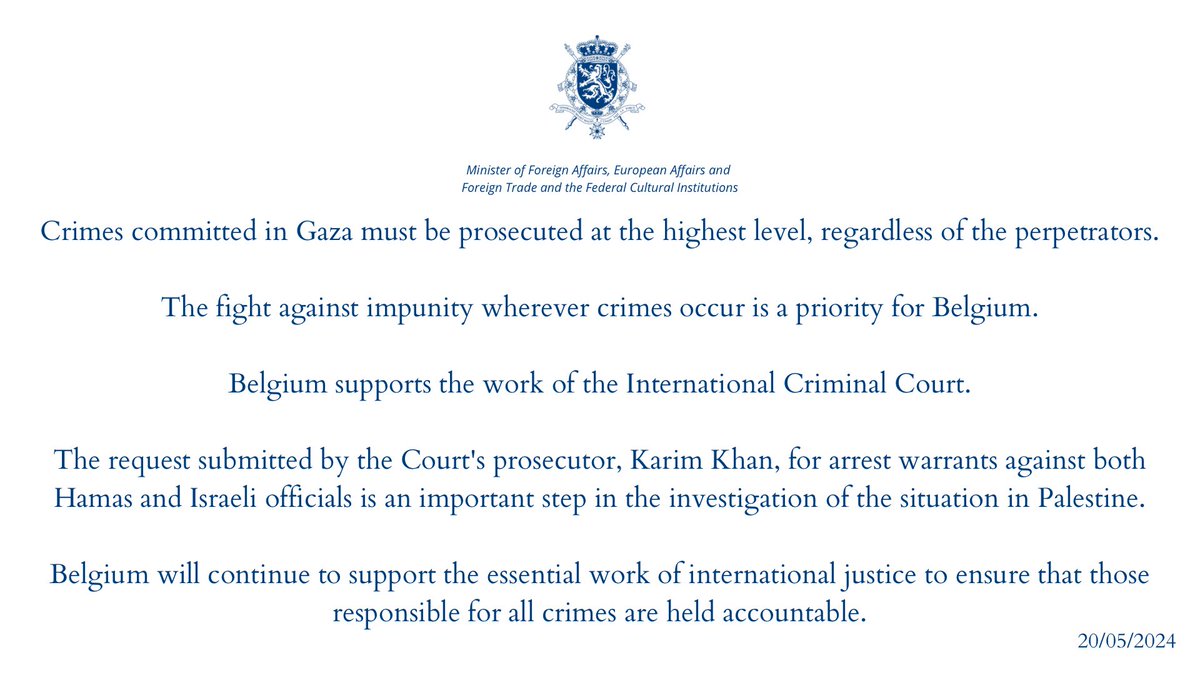 Crimes committed in Gaza must be prosecuted at the highest level, regardless of the perpetrators. Statement 🇧🇪⬇️