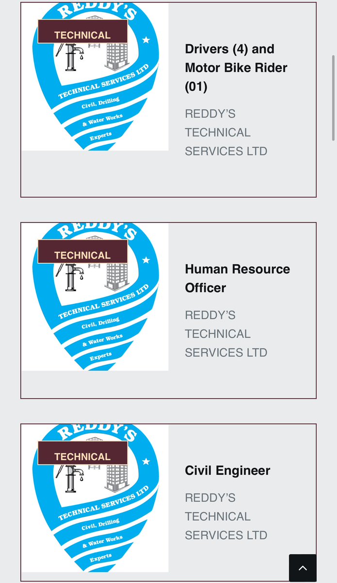 Reddy’s Technical Services Limited is hiring! - Civil Engineer: jobnotices.ug/job/civil-engi… - Human Resource Officer: jobnotices.ug/job/human-reso… - Drivers & Motorbike Rider: jobnotices.ug/job/drivers-4-…