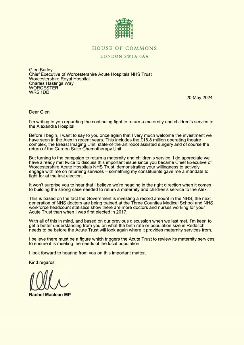 ✍ I've written to the Chief Executive of Worcestershire Acute Hospitals NHS Trust as I continue the fight to return a maternity and children's service to the Alexandra Hospital 🏥