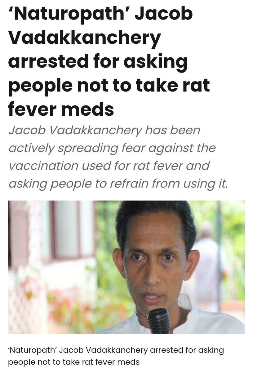 A Naturopath (also called menace to society or vermin toxic to public health) from Kerala who was arrested by the Kerala Police Crime Branch for publicly asking people to refrain from taking Doxycycline antibiotic to prevent life threatening leptospirosis infection was shown the