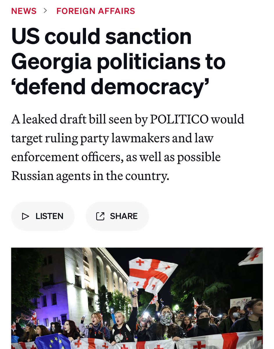 “Officials responsible for pushing forward Georgia’s Russian-style “foreign agents” law could face asset freezes and travel bans under a new bill to be presented to the U.S. Congress.” If you are a politician that thinks of ever daring to vote against the interests of the West
