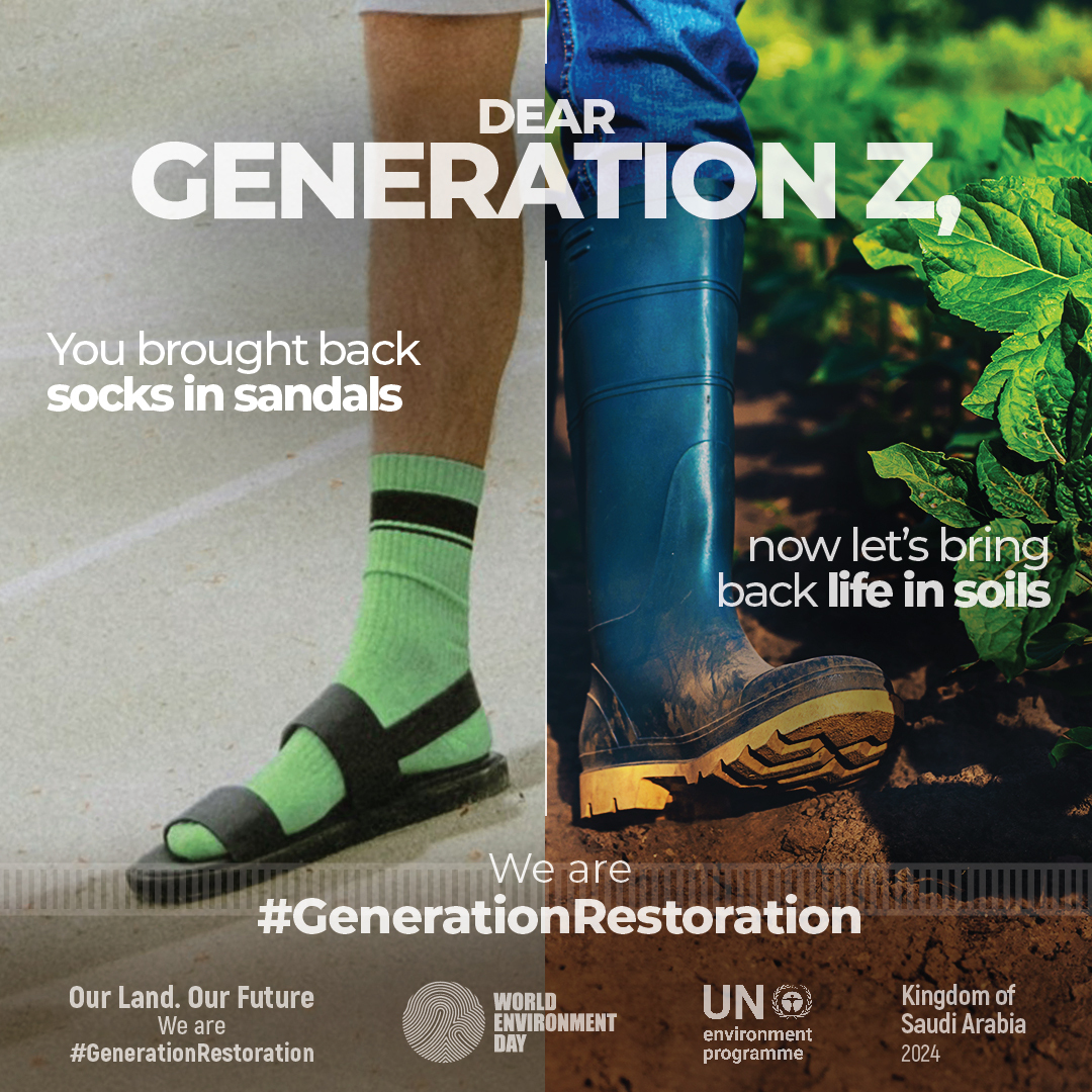 If socks & sandals are here to stay, then let’s ensure the same applies to our Earth! Land degradation, drought & desertification threaten all life & humanity's survival. Join #GenerationRestoration to ensure a healthy planet on #WorldEnvironmentDay👇 worldenvironmentday.global