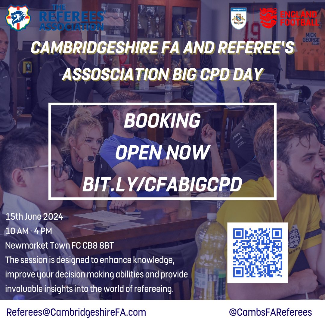 🚨 Attention Referees! 🚨 Booking is now open for our Big Referee CPD event on June 15th. In association with @RefsAssociation Don't miss this opportunity to elevate your game! ⚽ 📍 @NewmarketTownFC #CambsFAReferees 🔗bit.ly/CFABIGCPD