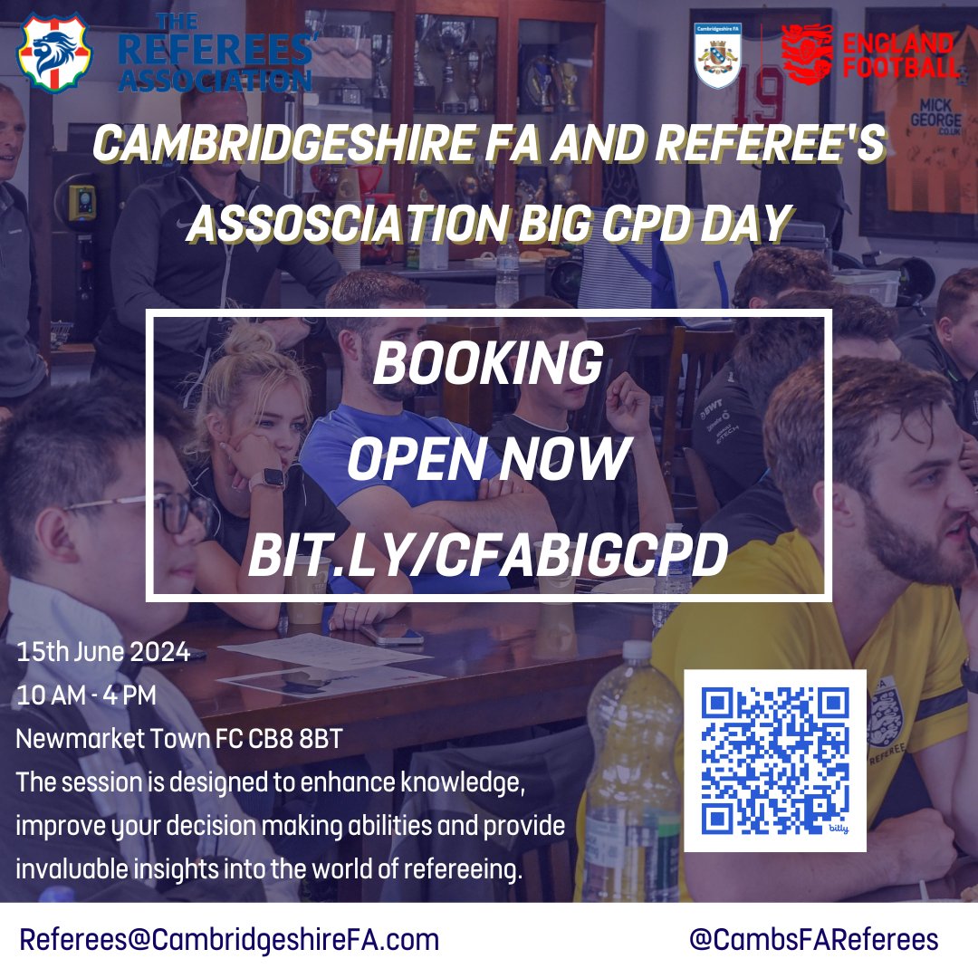 🚨 Attention Referees! 🚨
Booking is now open for our Big Referee CPD event on June 15th. In association with <a href="/RefsAssociation/">The Referees’ Association</a>
Don't miss this opportunity to elevate your game! ⚽
📍 <a href="/NewmarketTownFC/">Newmarket Town F.C</a>
#CambsFAReferees
🔗bit.ly/CFABIGCPD