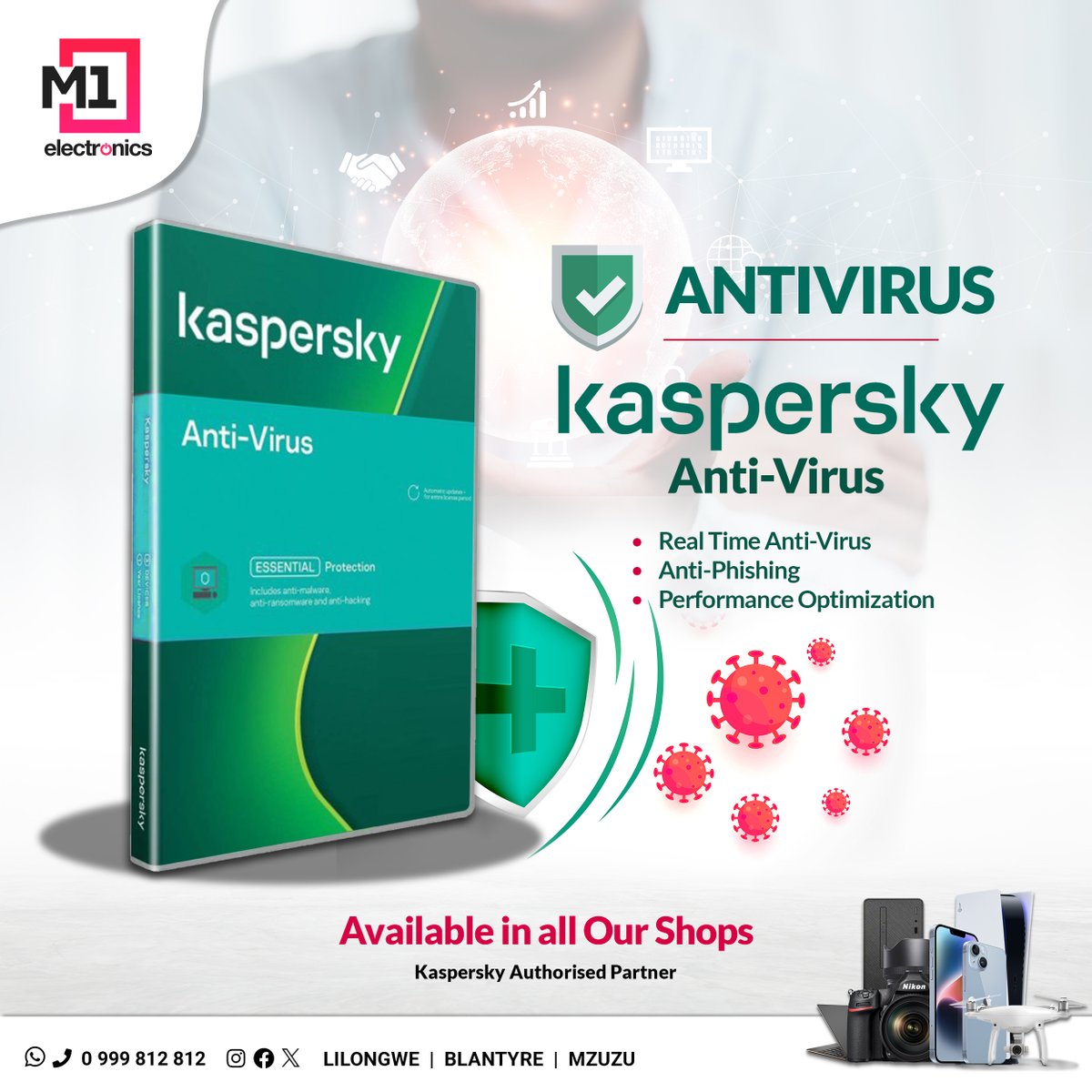 M1Electronics's tweet photo. Experience ultimate defense against cyber threats with Kapersky antivirus and internet security. Available in all our shops. #M1electronics #KasperskyAntivirus #KasperskyInternetSecurity #MalwareProtection https://t.co/xxdslXF7ws