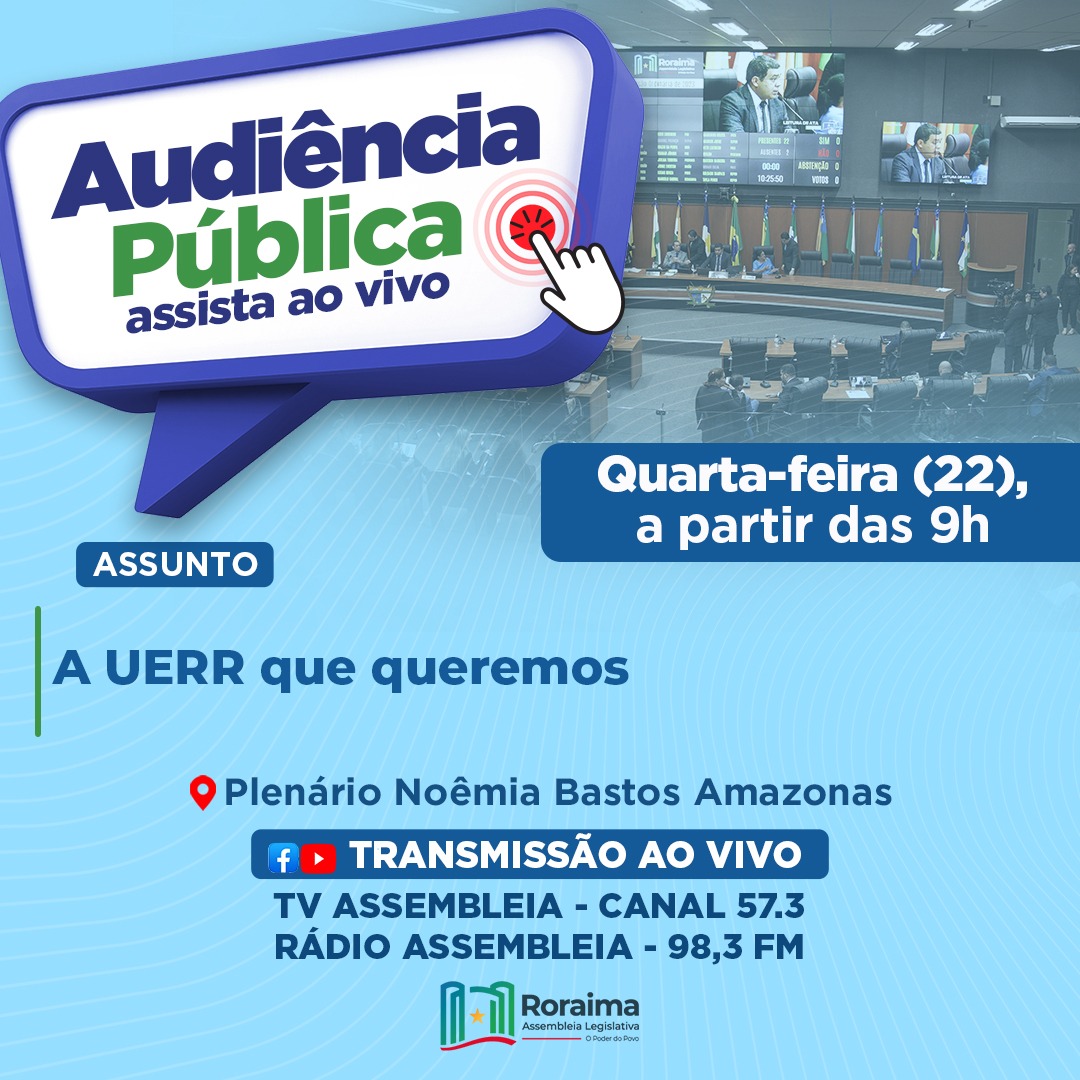 assembleiarr's tweet photo. O evento atende a um requerimento do presidente da Casa, deputado Soldado Sampaio, e visa debater a situação atual da UERR.
A audiência será transmitida ao vivo, às 9h, pela TV Assembleia, canal 57.3 e pelas nossas redes sociais (Facebook e YouTube). 
#assembleiarr #UERR https://t.co/YCto0pqILp