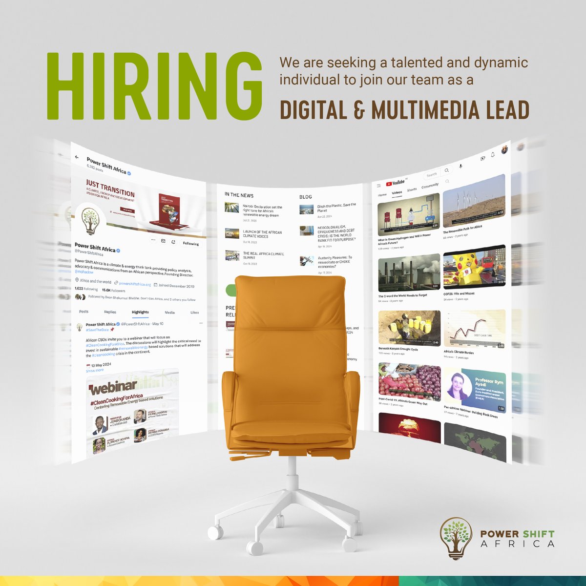 We're #hiring! Power Shift Africa is looking to hire an enthusiastic and highly experienced Digital & Multimedia Lead who will spearhead the development and implementation of our #digital engagement and #storytelling strategy. Interested applicants should submit a cover letter